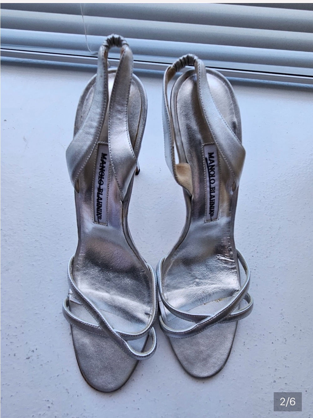 Manolo Blahnik Silver Metallic Strappy Slingback Heels Size 38 3.5" Heel